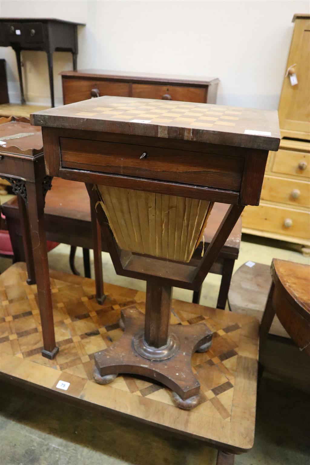 A Victorian rosewood topped games / work table, width 44cm, depth 33cm, height 73cm